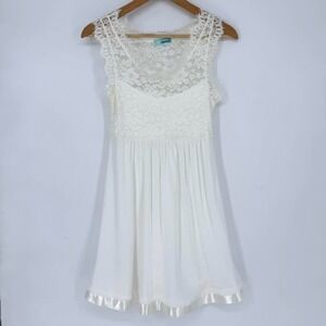 Queen Esther White Lace Empire Mini Dress Satin Trim M Coquette Fairy Angel